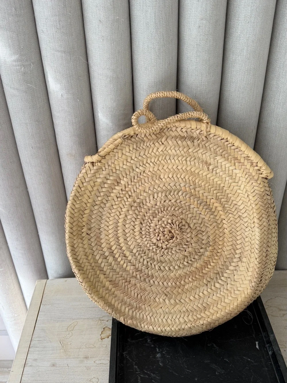 Round Straw Tote with Neon Green Script - Personalized Beach Tote